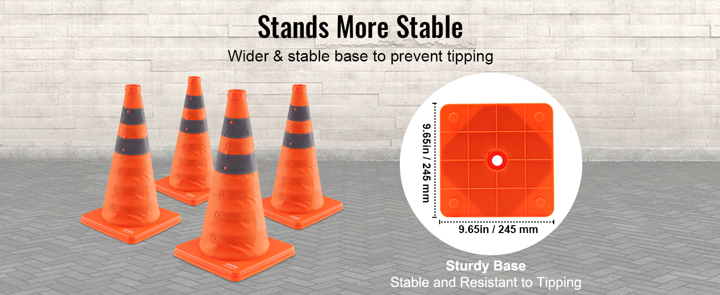VEVOR safety cones with wider base for stability, displayed on a pavement background with measurements.