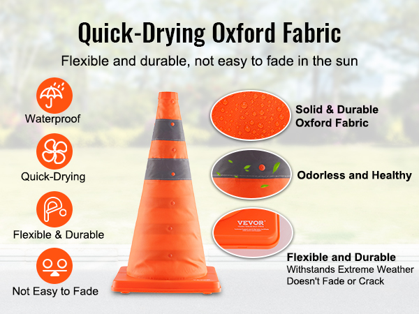 VEVOR safety cones made from quick-drying, waterproof, and durable oxford fabric.