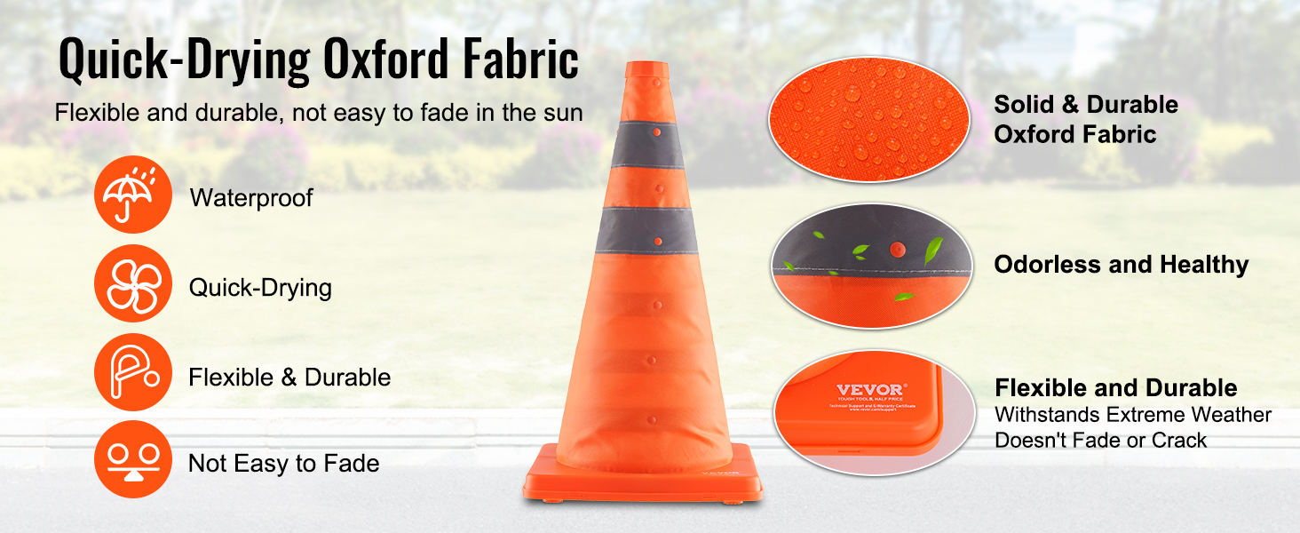 VEVOR safety cones made from quick-drying, waterproof, and durable oxford fabric.