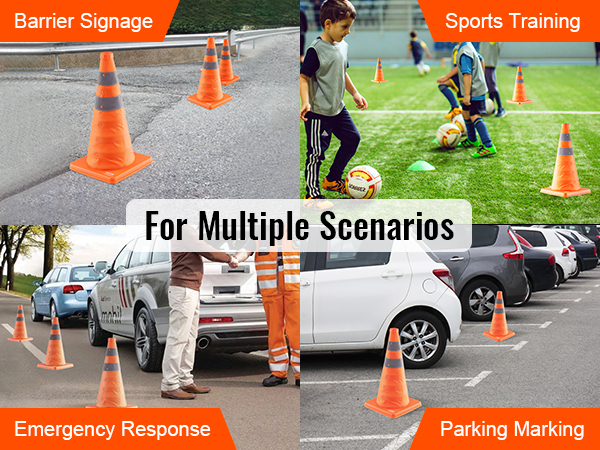 VEVOR safety cones for barrier signage, sports training, emergency response, and parking marking.