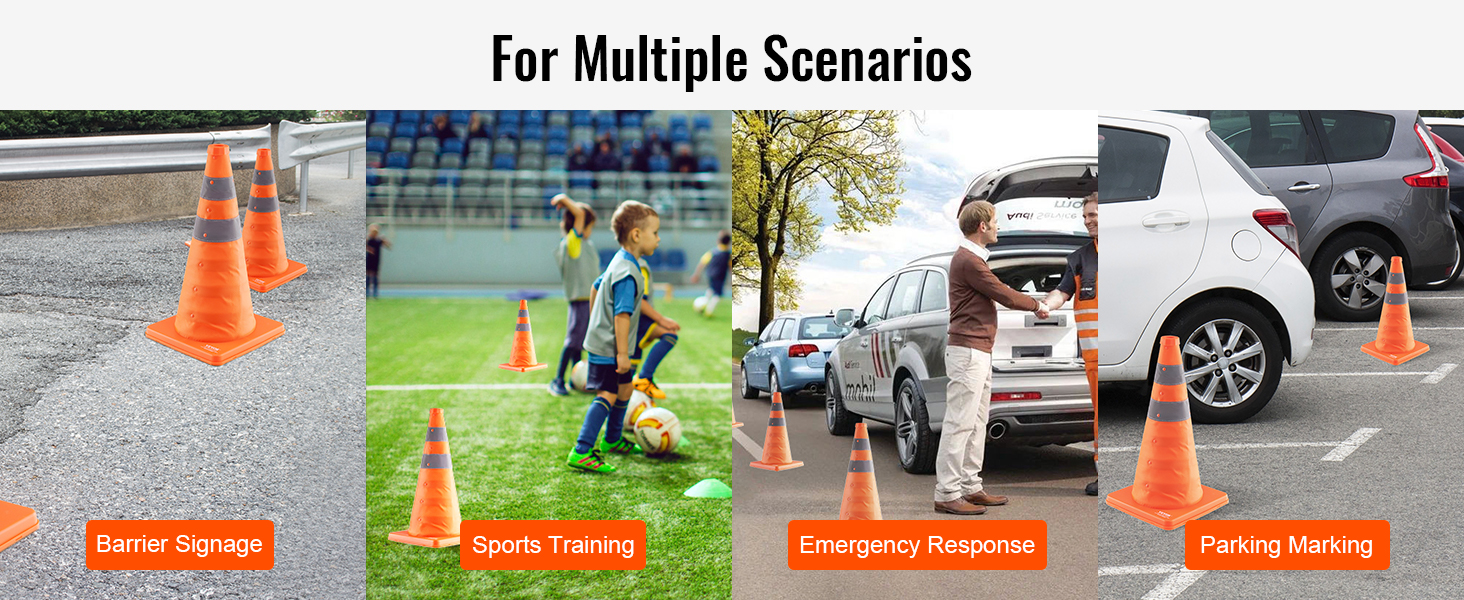 VEVOR safety cones for barrier signage, sports training, emergency response, and parking marking.