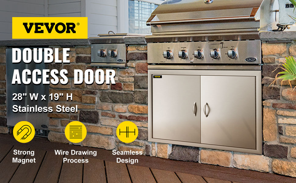 VEVOR bbq access door: double stainless steel door under built-in grill on a stone island.