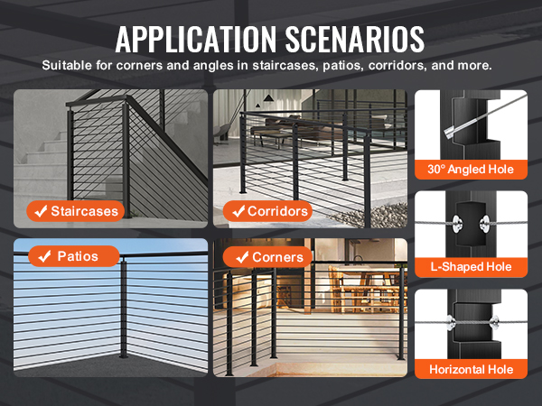 VEVOR cable railing post for staircases, corridors, patios, and corners with various hole options.