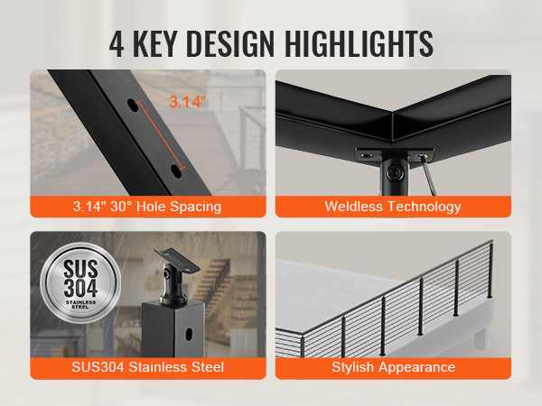 4 key design highlights of VEVOR cable railing post: 3.14" spacing, sus304 stainless steel, weldless technology, stylish.
