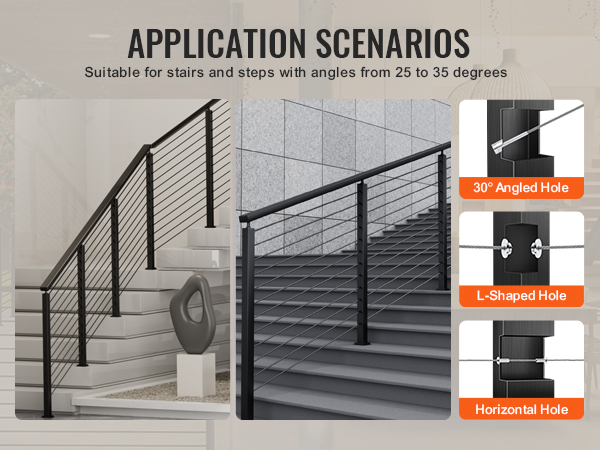 VEVOR cable railing post for indoor and outdoor stairs, featuring angled, l-shaped, and horizontal holes.