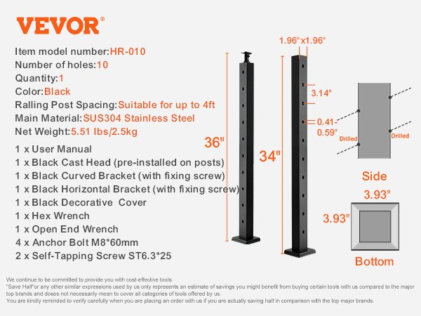 VEVOR cable railing post hr-010, black sus304 stainless steel, 36" height, 10 holes, with accessories.