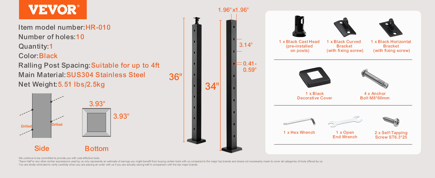 VEVOR cable railing post hr-010, black sus304 stainless steel, 36" height, 10 holes, with accessories.