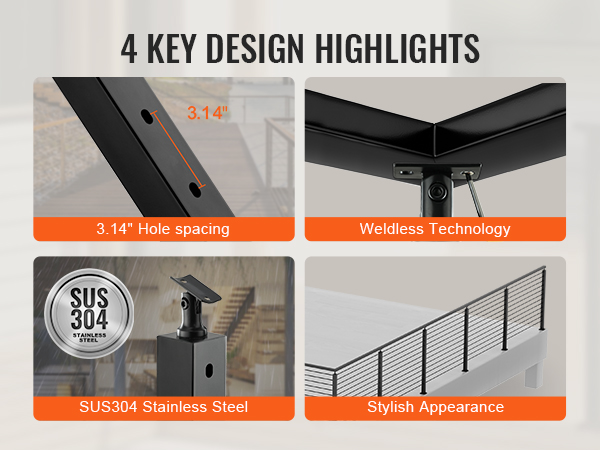 VEVOR cable railing post with 3.14" hole spacing, sus304 stainless steel, weldless technology, stylish appearance.