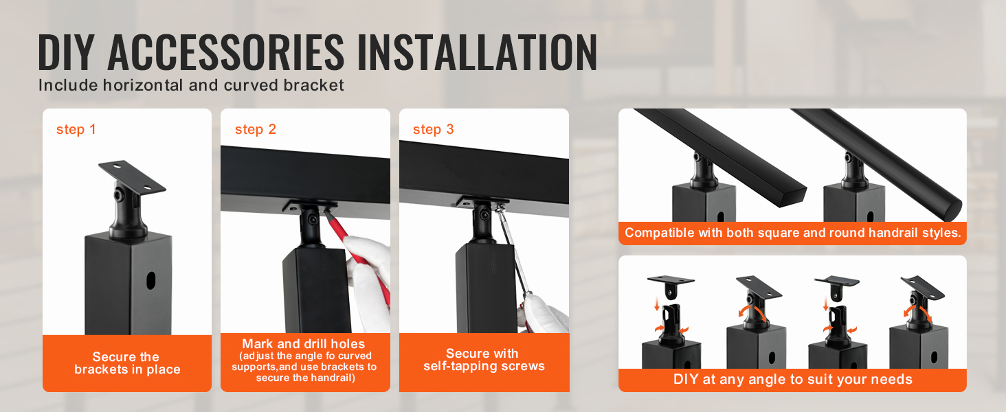 diy accessories installation steps for VEVOR cable railing post, including horizontal and curved brackets.