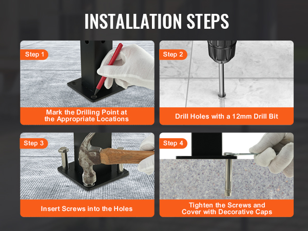 installation steps for VEVOR cable railing post: mark drilling points, drill holes, insert screws, tighten.