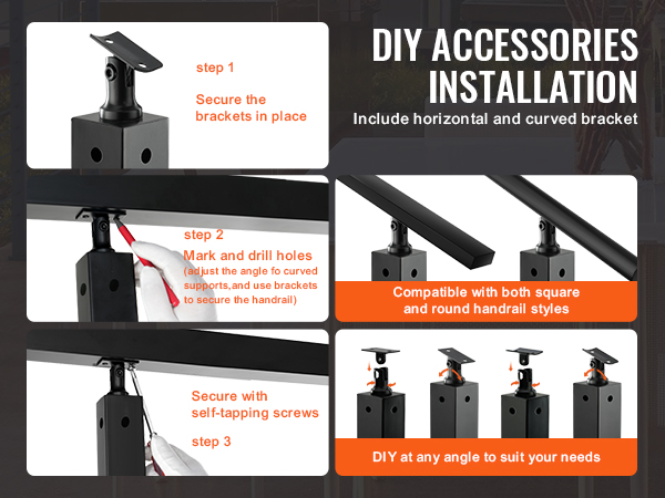 diy installation steps for VEVOR cable railing post, including bracket securing, drilling, and screwing.