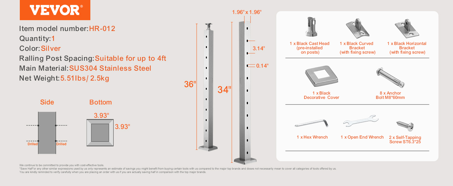 VEVOR cable railing post hr-012, 36", 10 holes, stainless steel, silver, 5.51 lbs, installation kit.