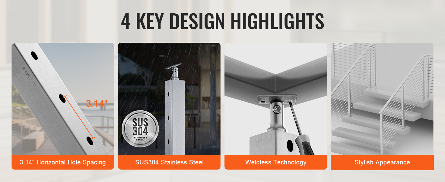 VEVOR cable railing post features: 3.14" hole spacing, sus304 stainless steel, weldless tech, stylish look.