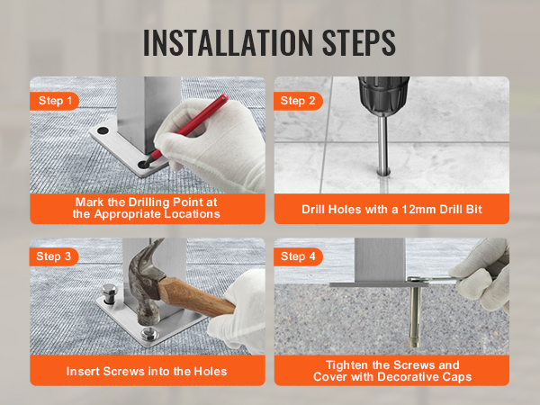 installation steps for VEVOR cable railing post: mark drilling point, drill holes, insert screws, tighten screws.