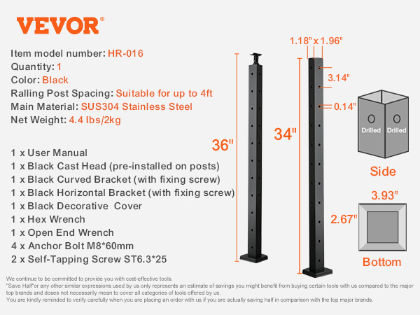 VEVOR cable railing post hr-016, black, 36" height, sus304 stainless steel, 10 holes.