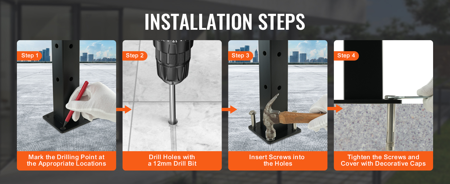 VEVOR cable railing post installation steps: mark points, drill holes, insert screws, tighten and cover.