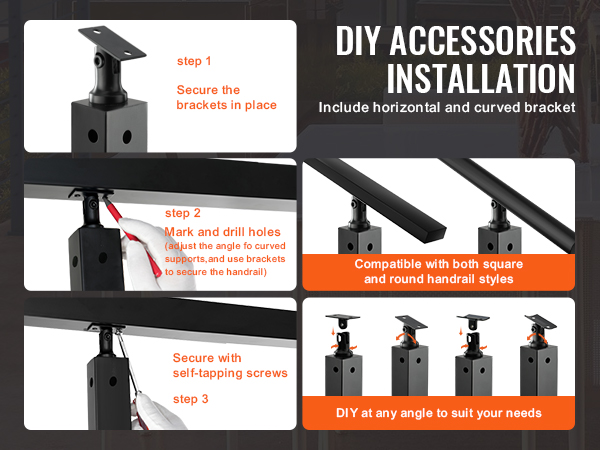 diy accessories installation steps for VEVOR cable railing post with horizontal and curved brackets.