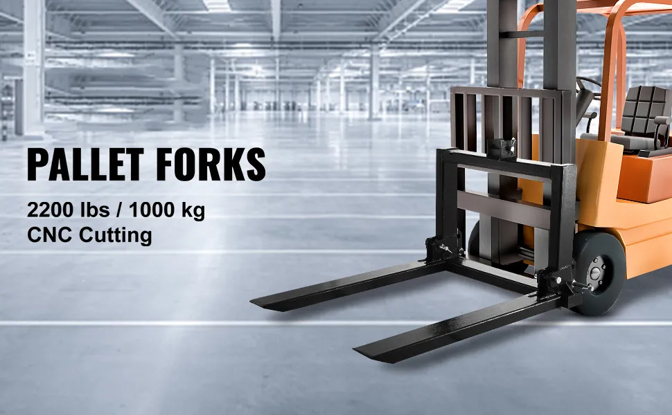 VEVOR 3 point hitch pallet forks with 2200 lbs/1000 kg capacity in a warehouse.