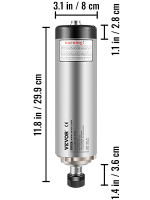 VEVOR cnc spindle motor with dimensions in inches and centimeters shown.