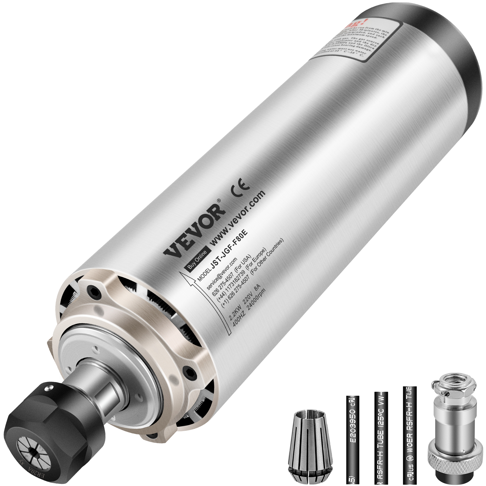 VEVOR cnc spindle motor with model details and various accessories displayed.
