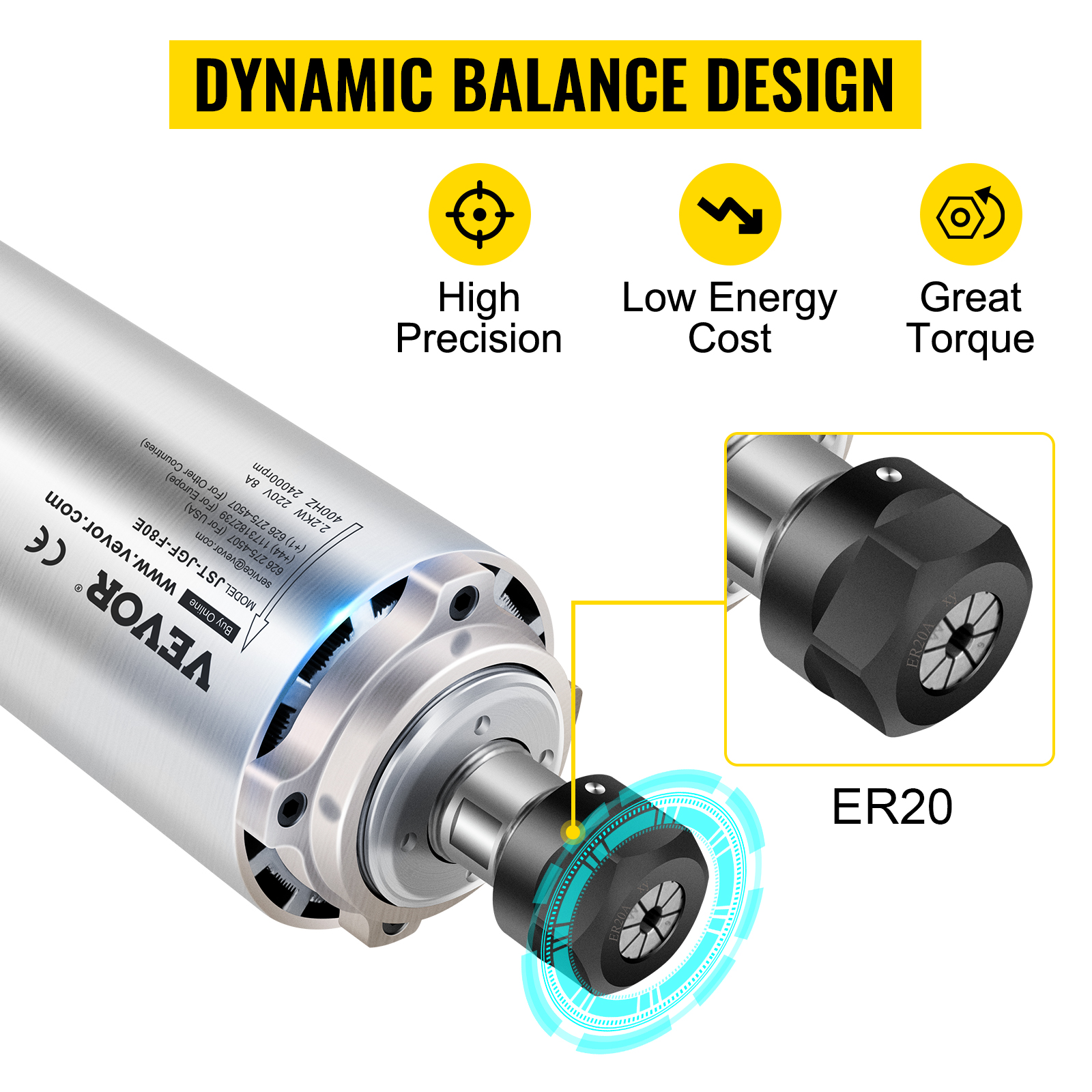 VEVOR cnc spindle motor with er20 collet, dynamic balance design, high precision.