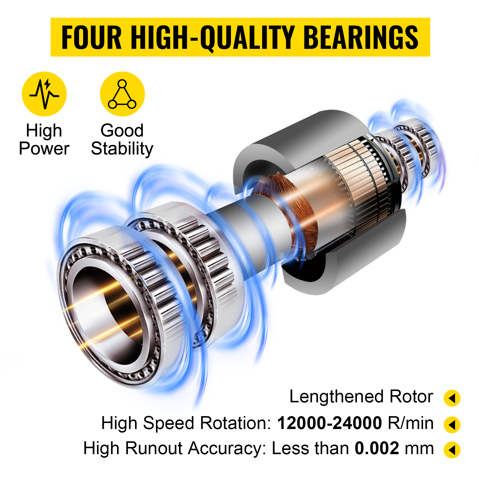 VEVOR cnc spindle motor with four high-quality bearings for high power and stability.