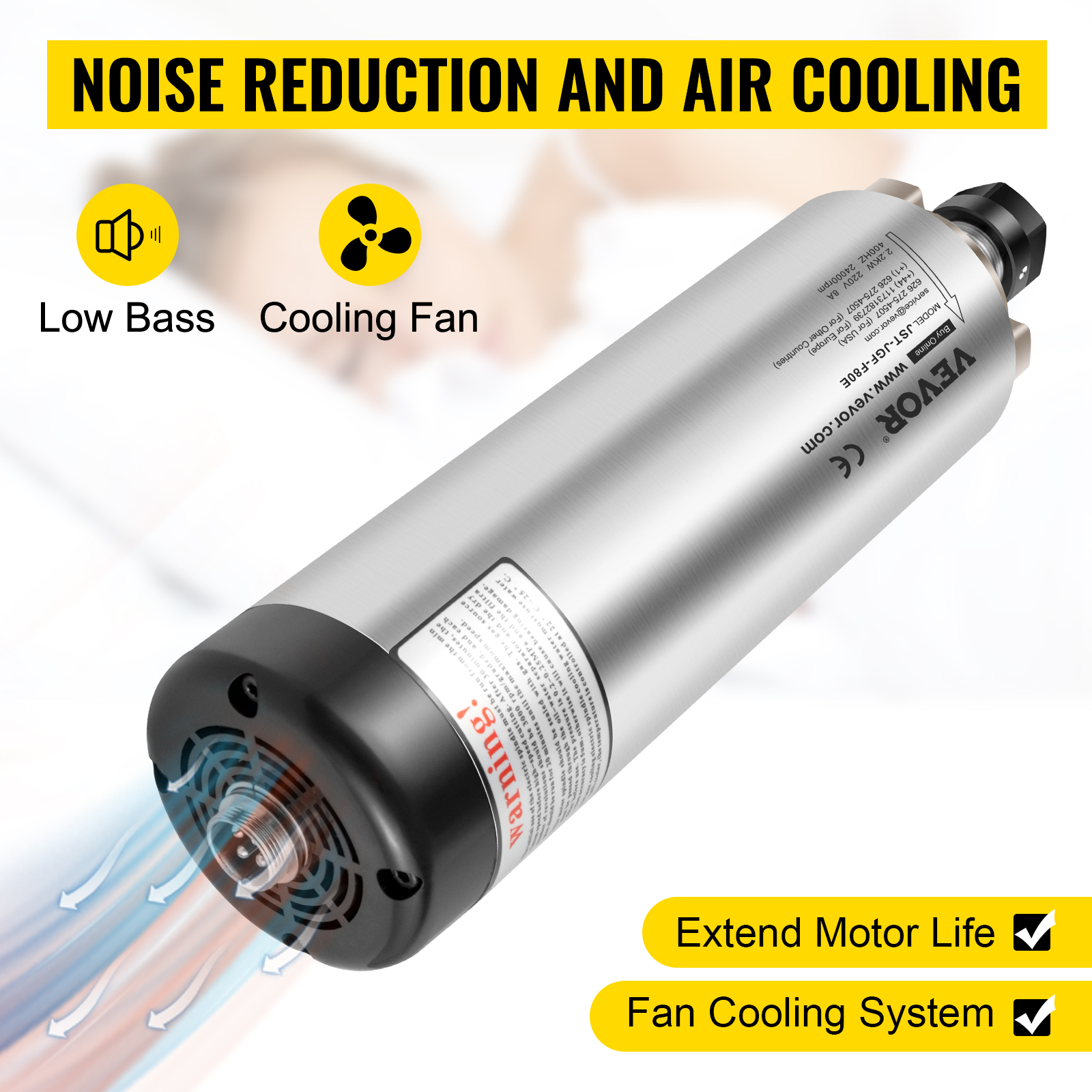 VEVOR cnc spindle motor with noise reduction and air cooling features.