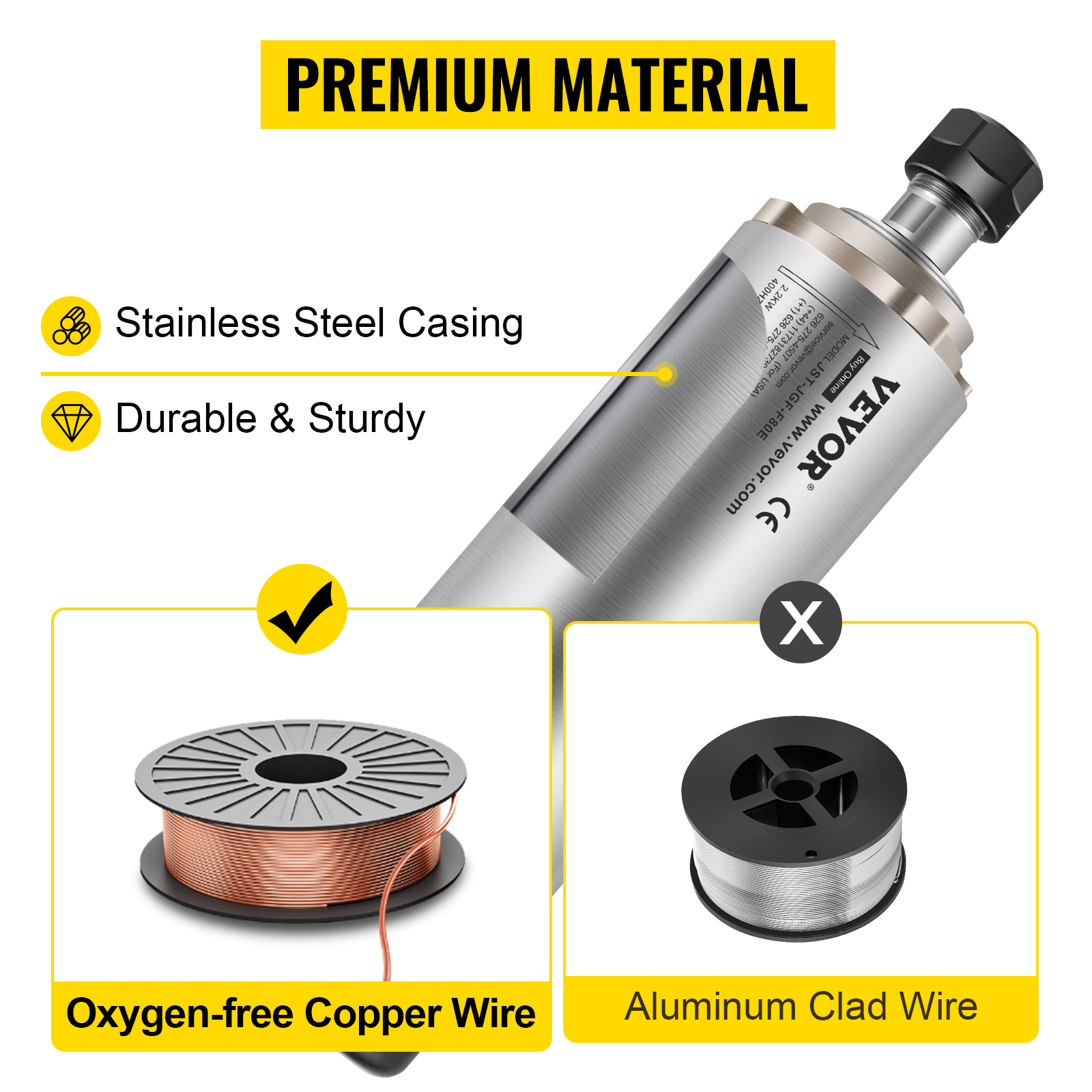 VEVOR cnc spindle motor with stainless steel casing, durable and sturdy, and copper wire.