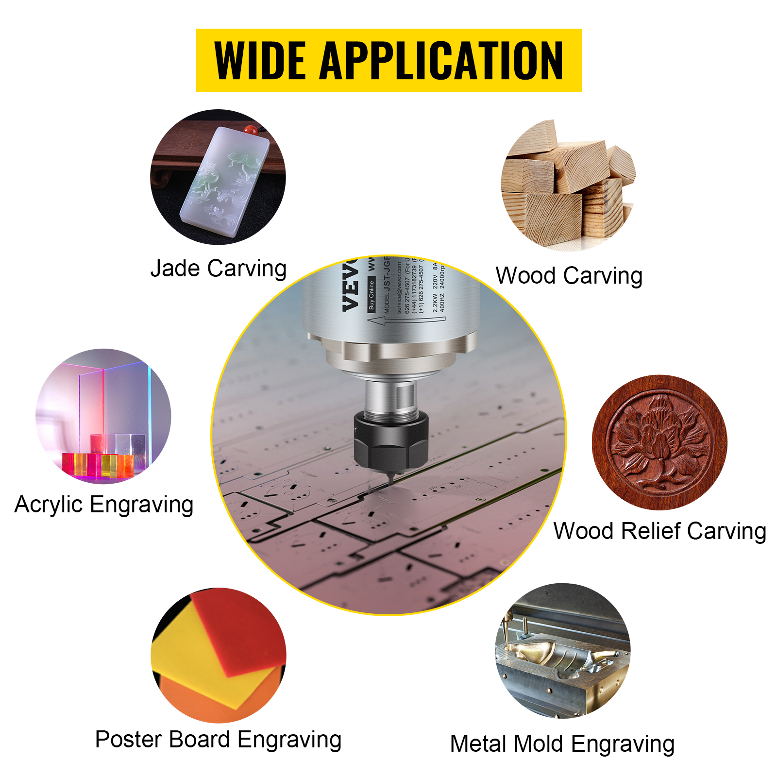 VEVOR cnc spindle motor applications: jade, wood, relief, acrylic, poster, metal mold engraving.