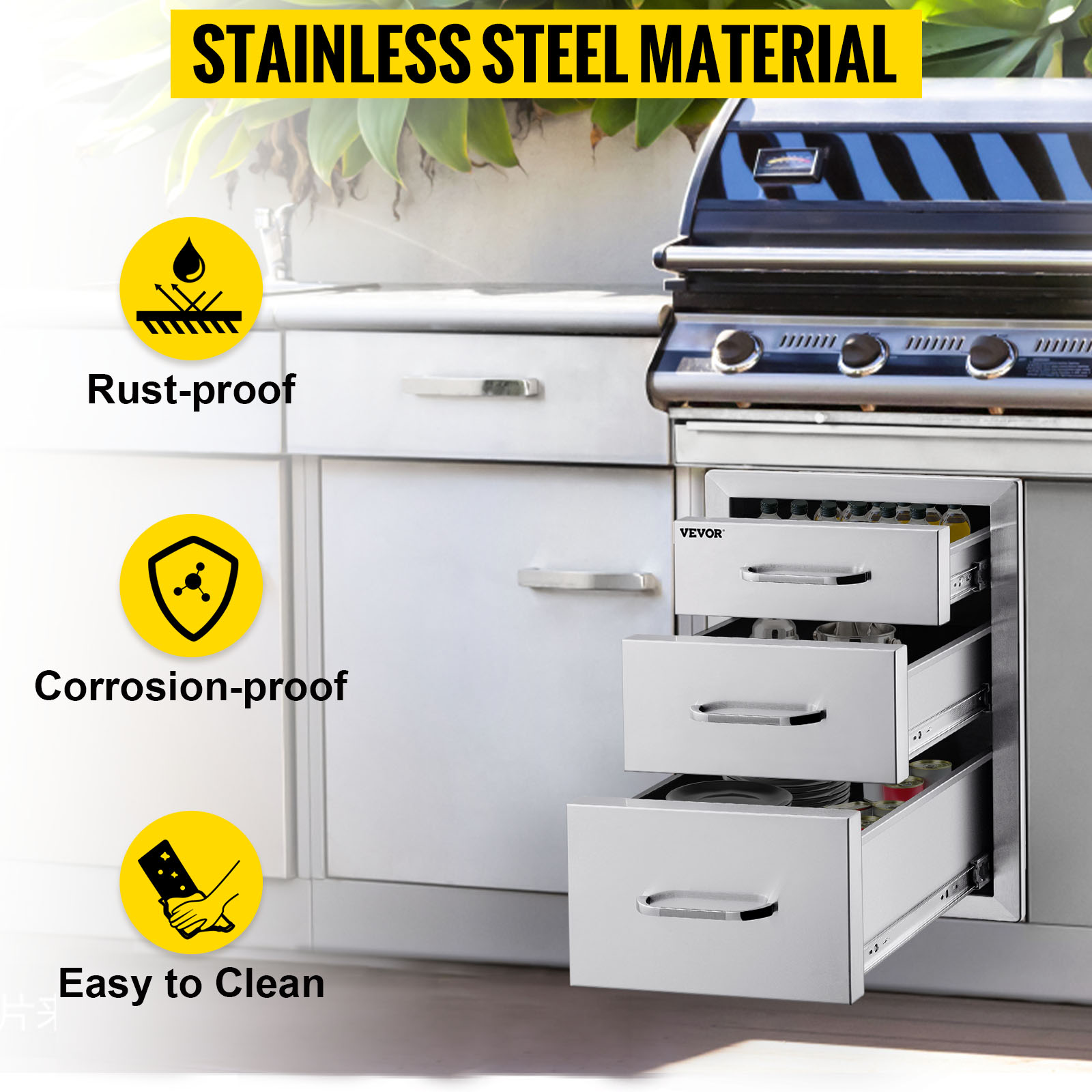 VEVOR outdoor kitchen drawers, stainless steel, rust-proof, easy to clean, next to grill.