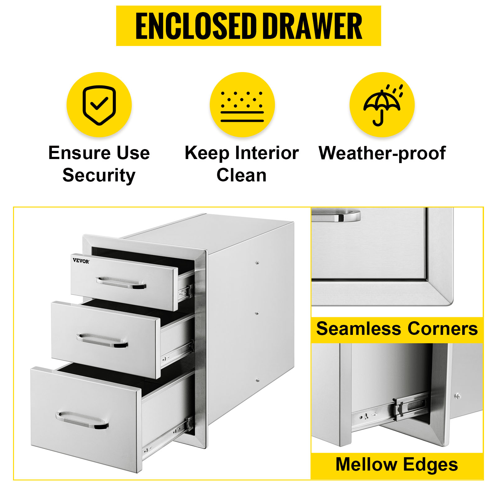 VEVOR outdoor kitchen drawers, weather-proof and secure with seamless corners.