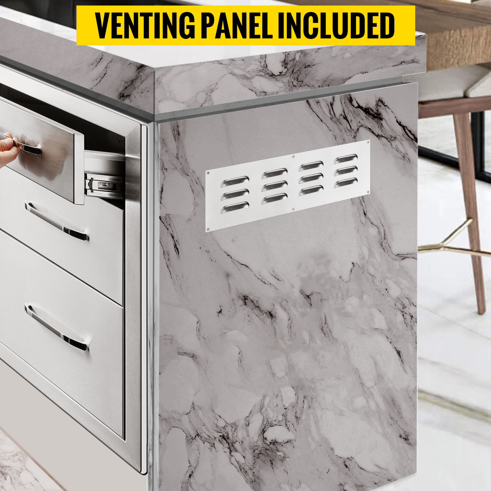marble island with VEVOR outdoor kitchen drawers and venting panel included.
