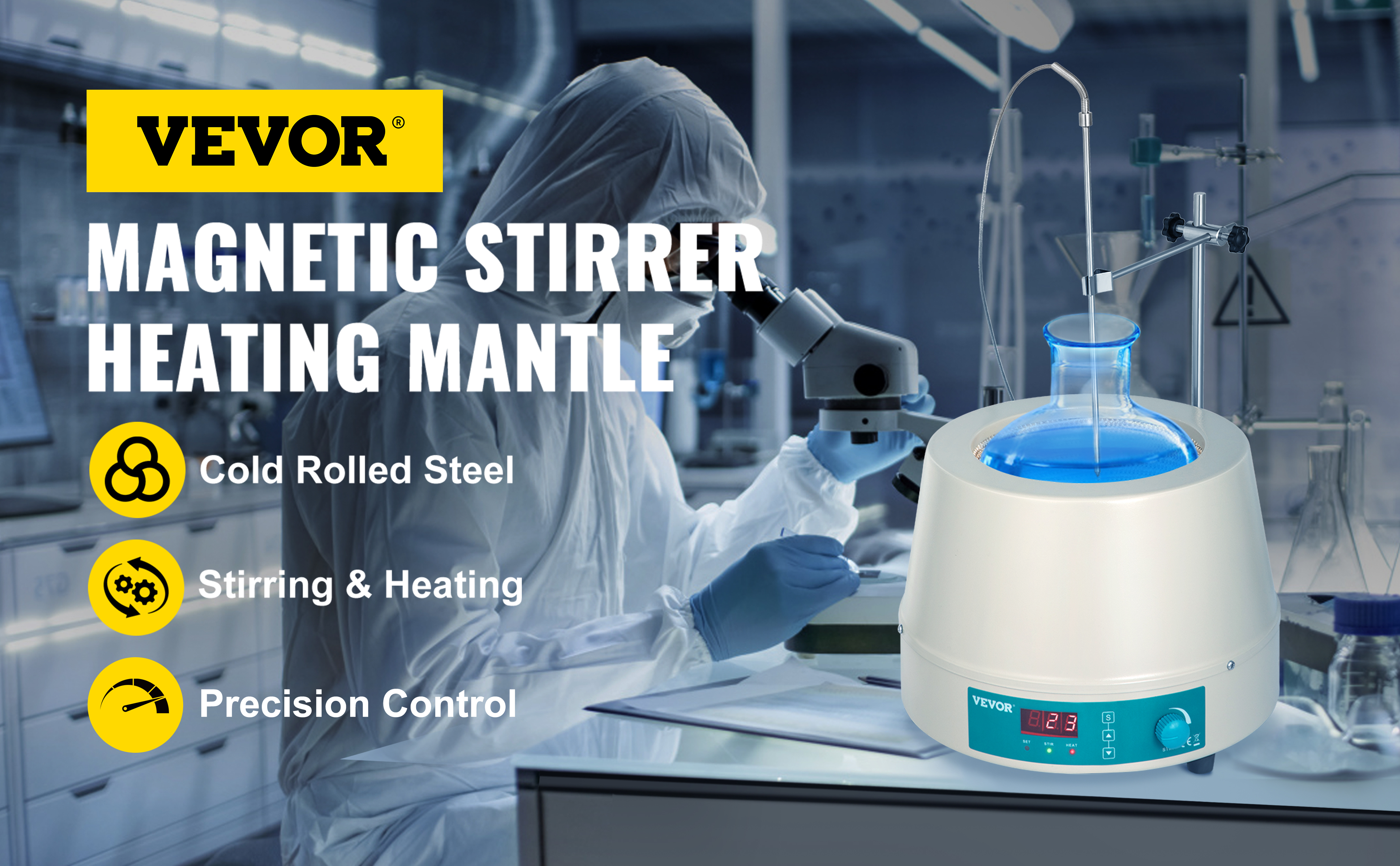 VEVOR heating mantle 2000ml with cold rolled steel and precision control in lab environment.