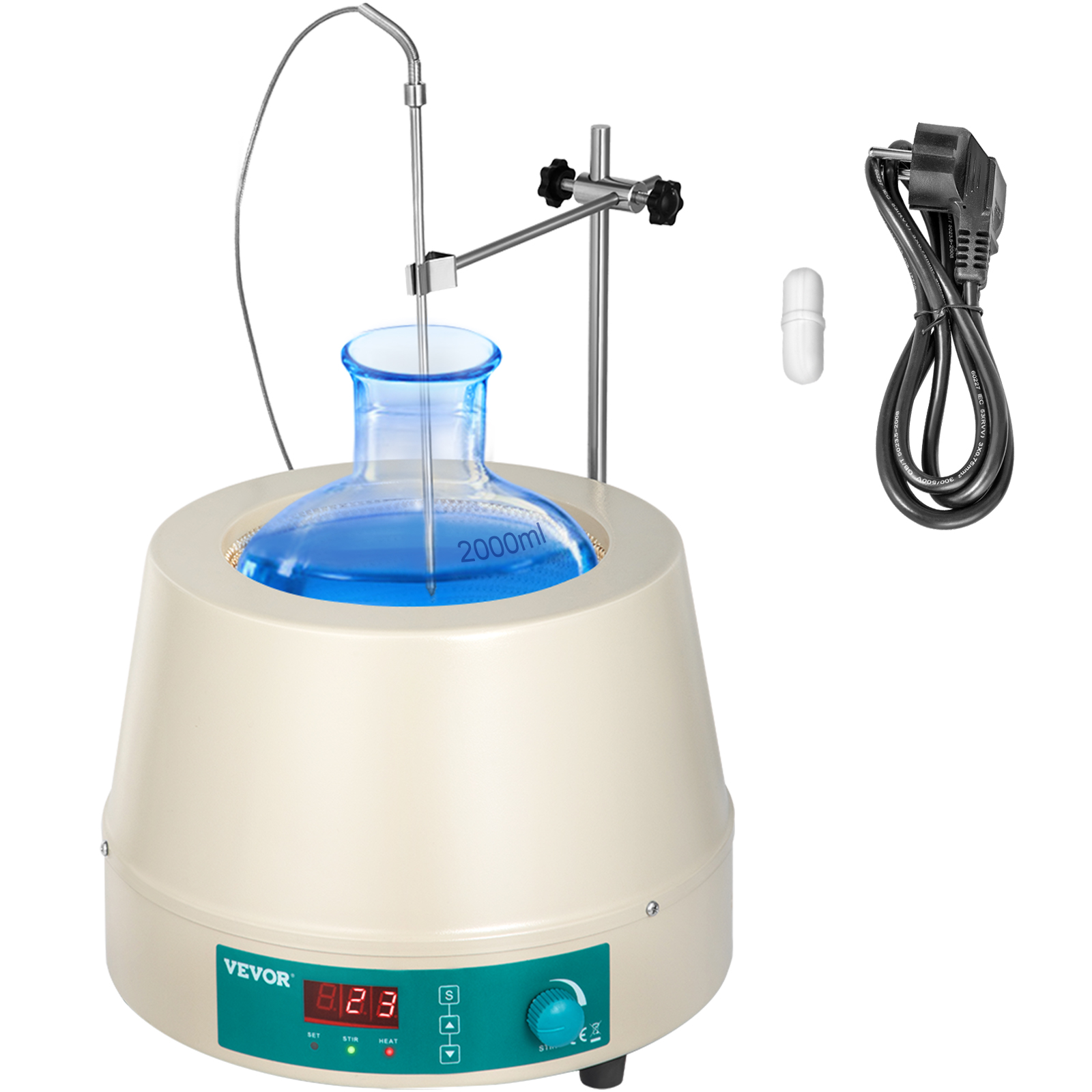 VEVOR heating mantle 2000ml with flask, stand, thermometer, power cord, and stir bar.