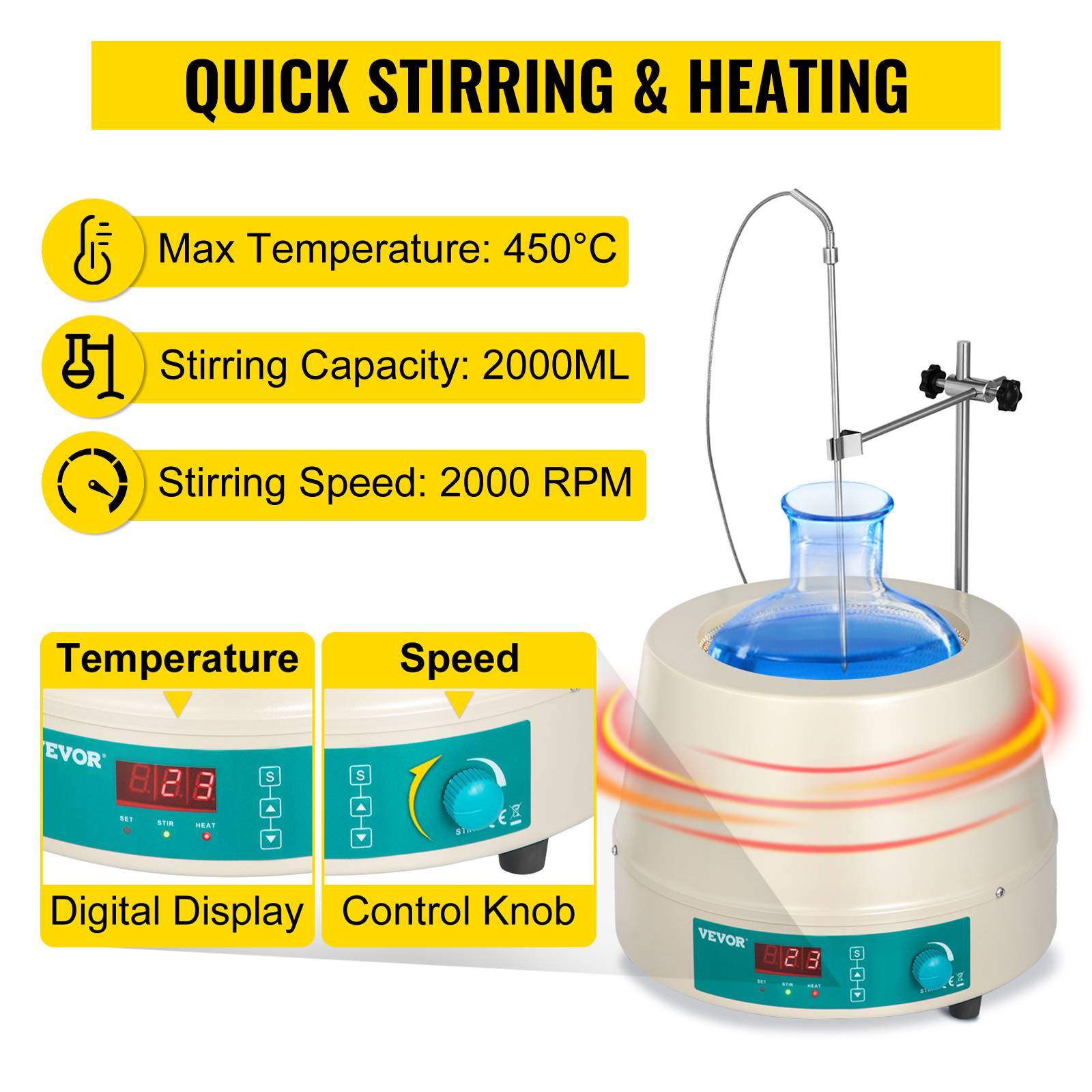 VEVOR heating mantle 2000ml with digital display, control knob, max temp 450°c.