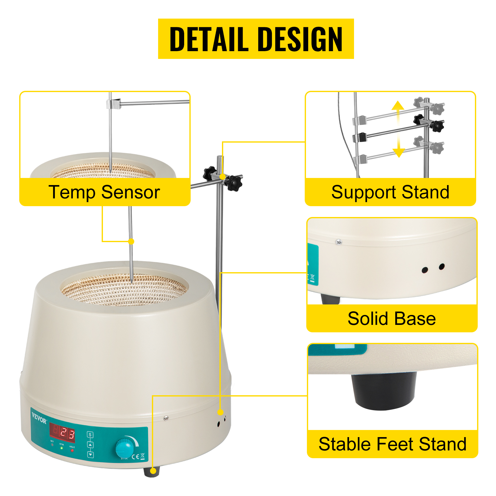 VEVOR heating mantle 2000ml with temp sensor, support stand, solid base, and stable feet.
