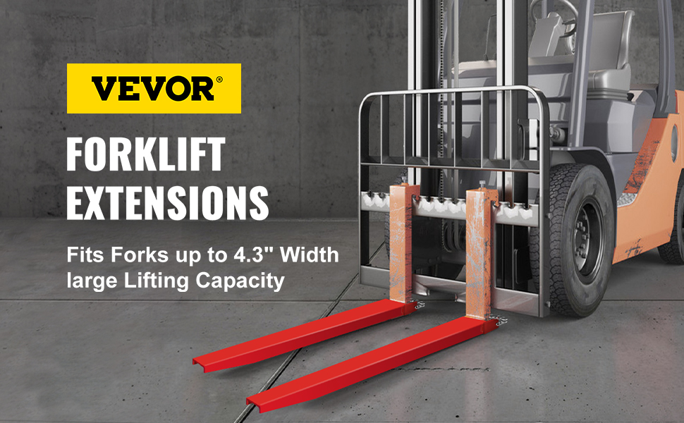 VEVOR pallet fork extensions on a forklift, fits up to 4.3" width, large lifting capacity.