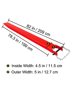 red VEVOR pallet fork extensions with dimensions and chain attachment.