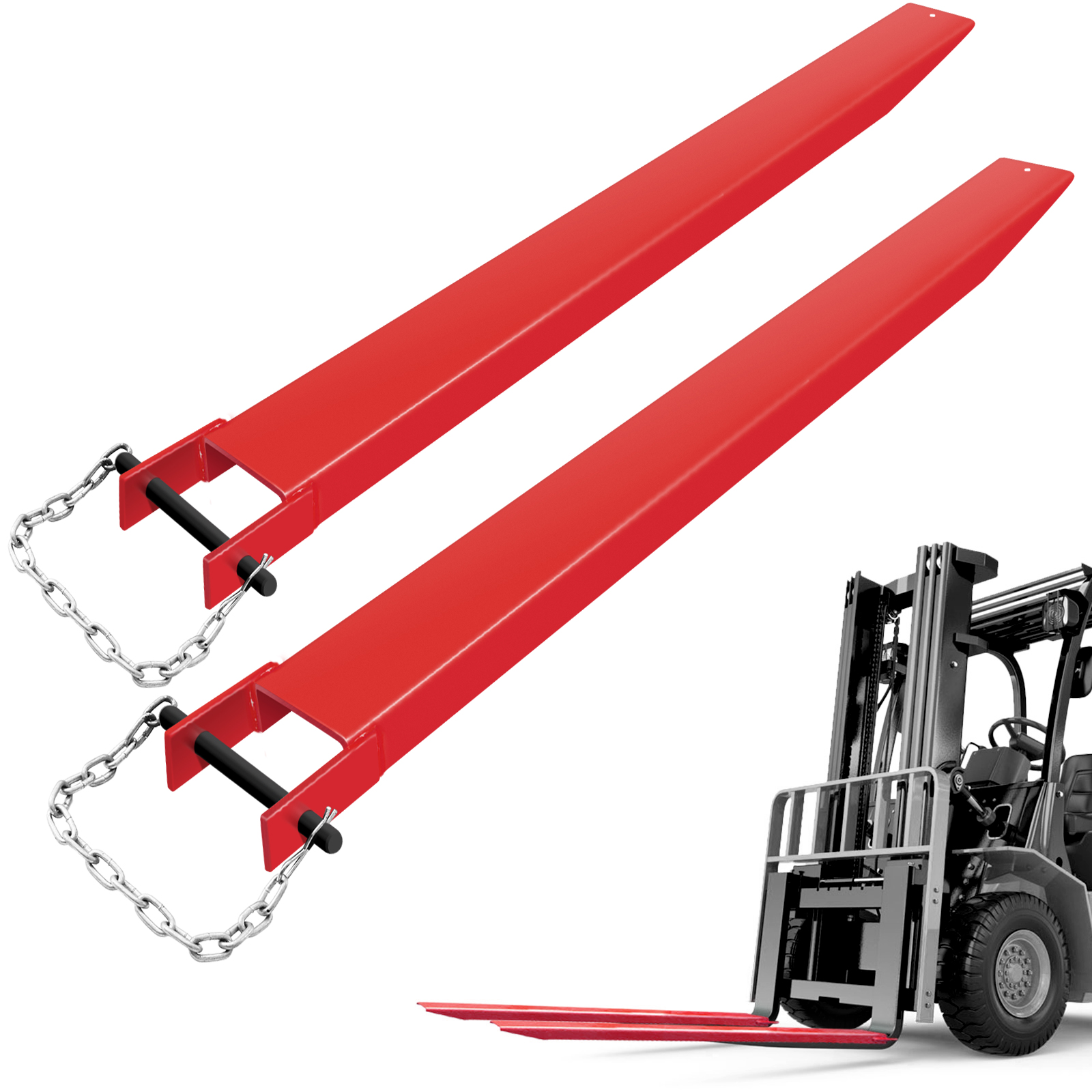 red VEVOR pallet fork extensions with chains attached to a forklift for support.