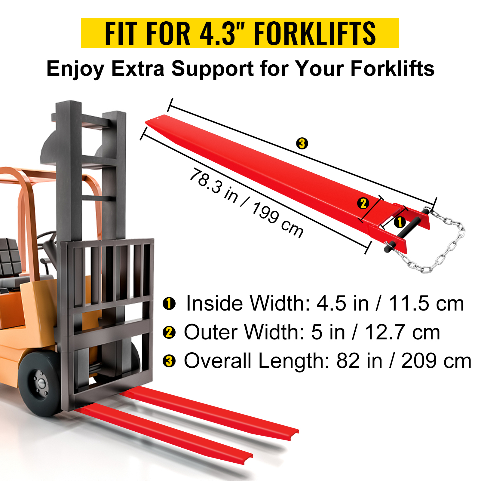 VEVOR pallet fork extensions fitting a 4.3" forklift, 82" length, red color.