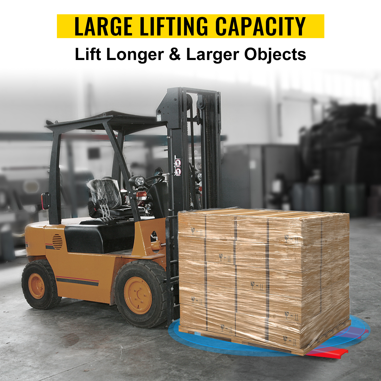 forklift lifting a large pallet in a warehouse, demonstrating VEVOR pallet fork extensions.