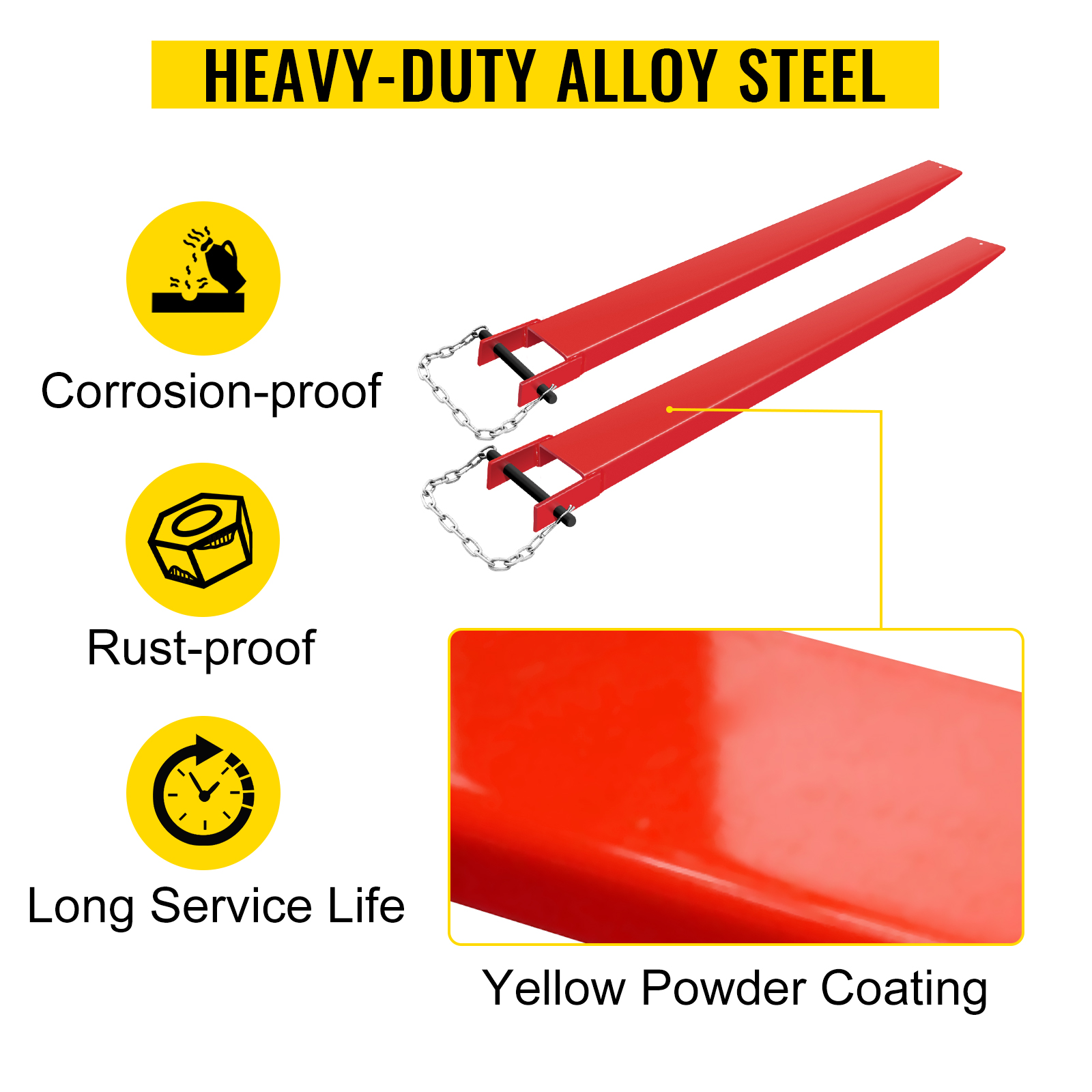 heavy-duty VEVOR pallet fork extensions, corrosion-proof, rust-proof, long service life.