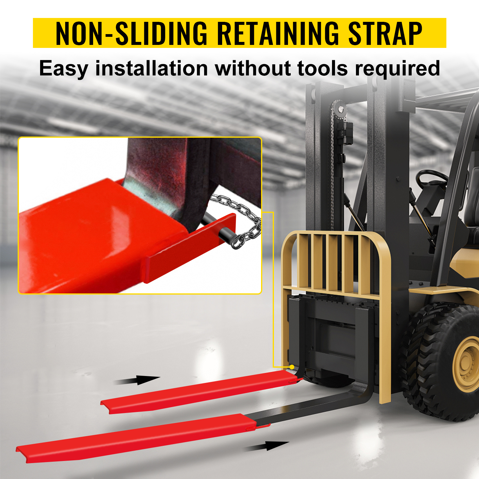 VEVOR pallet fork extensions with non-sliding retaining strap on forklift