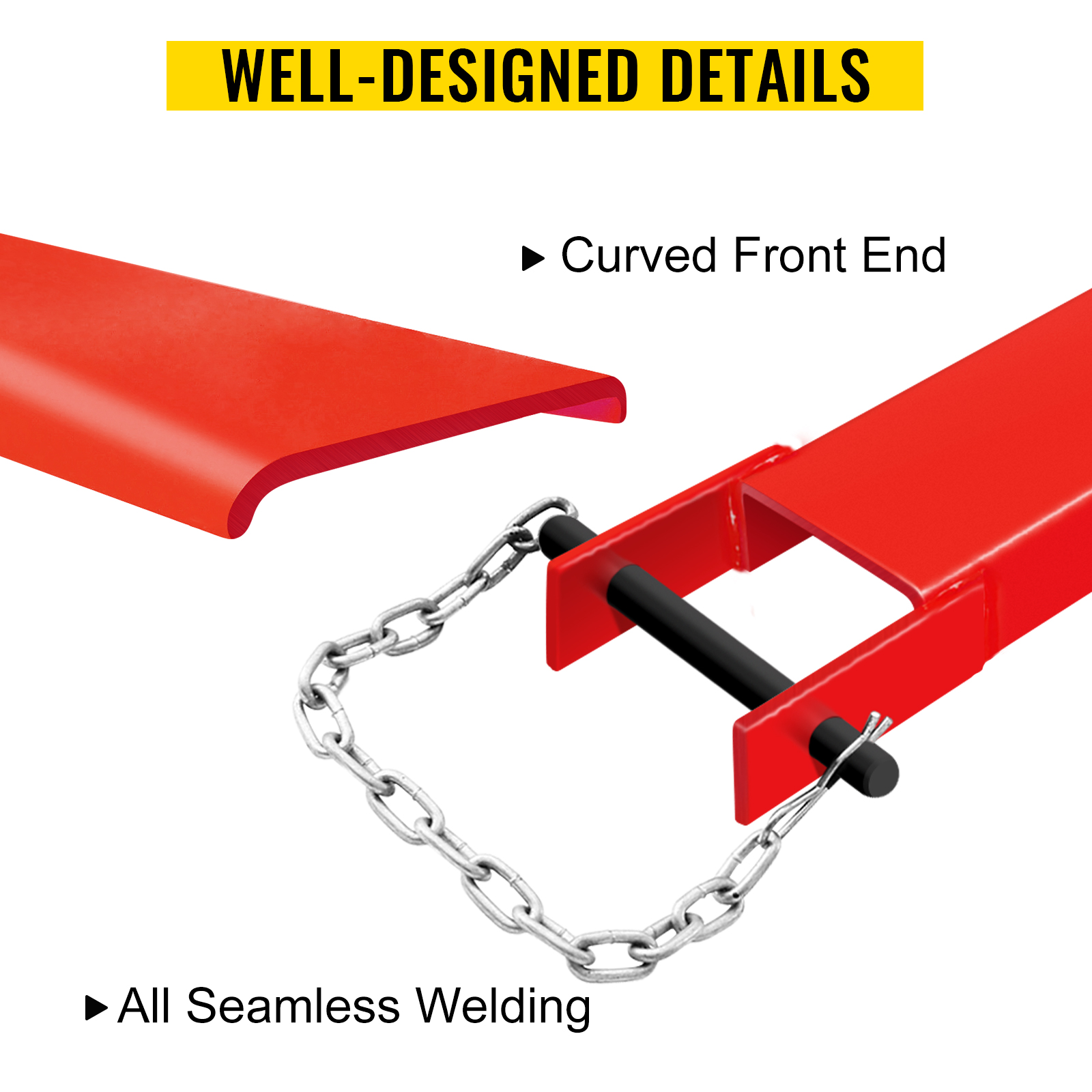 curved front end and seamless welding details on VEVOR pallet fork extensions.