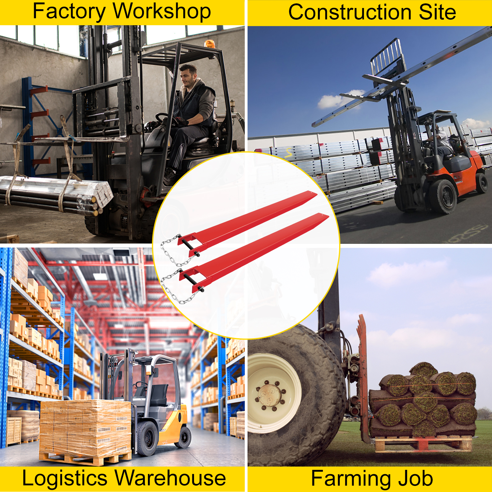 VEVOR pallet fork extensions used in factory, construction, logistics, and farming settings.