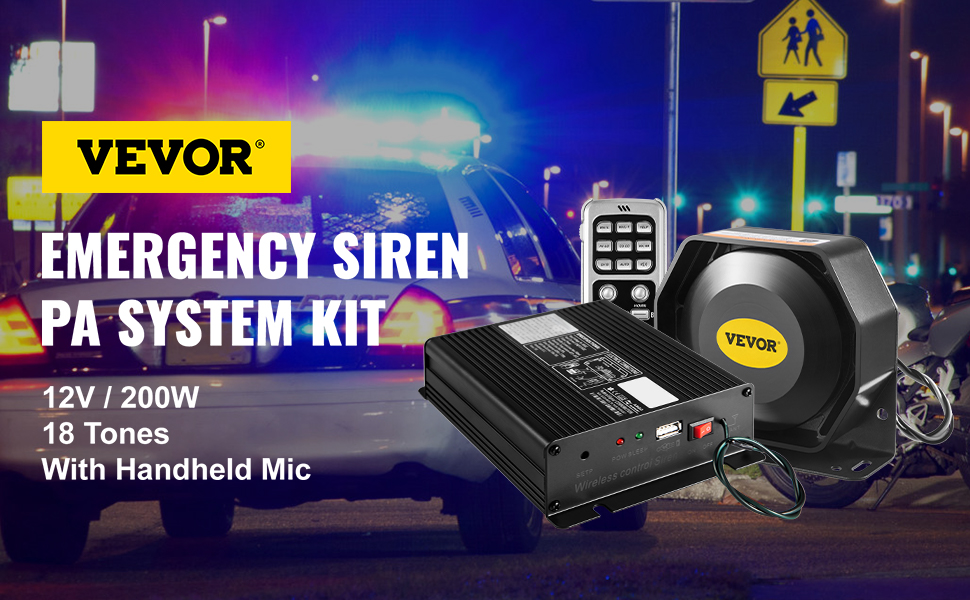 VEVOR avārijas sirēnu komplekts ar 12v/200w PA sistēmu un rokas mikrofonu policijas notikumu vietā