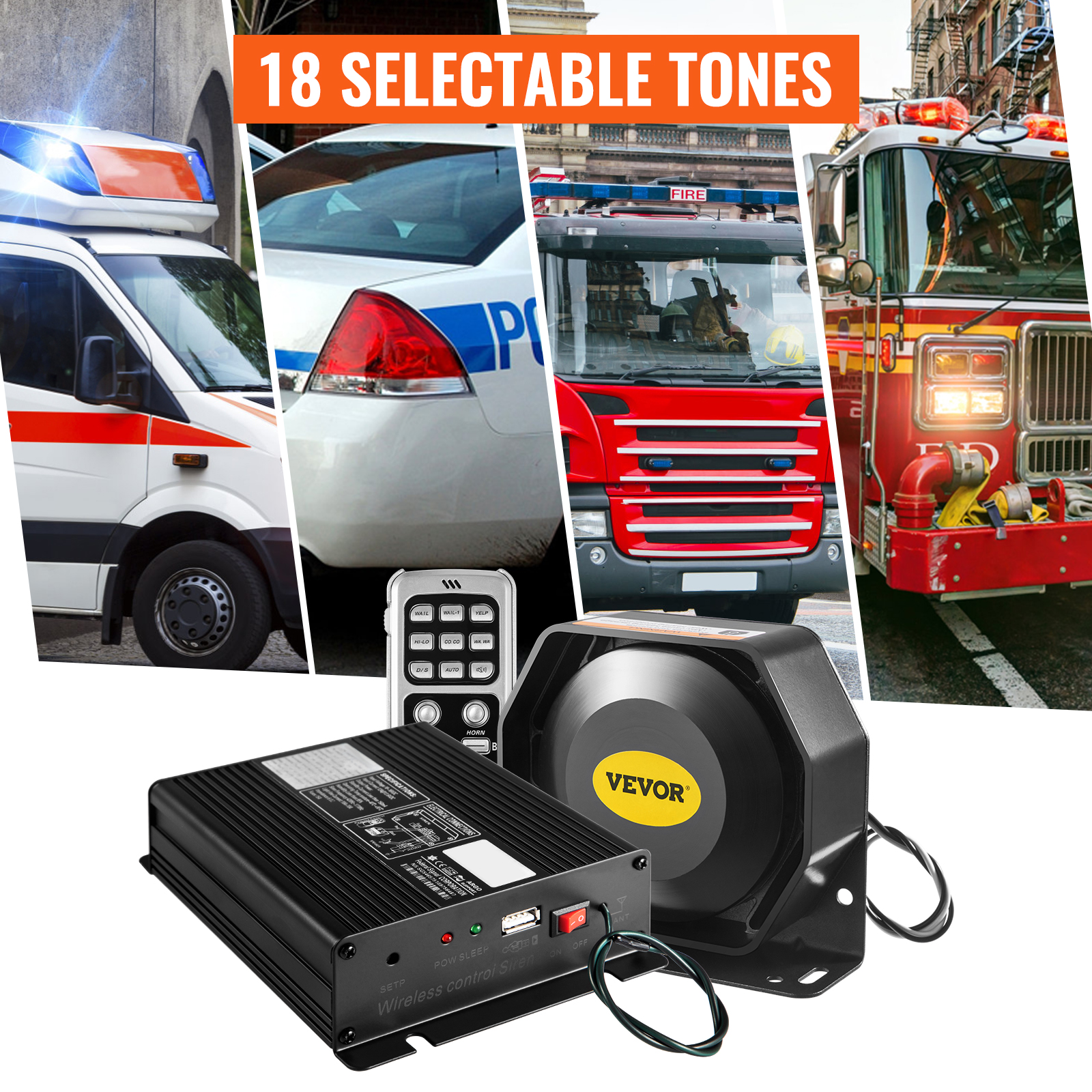 VEVOR emergency siren kit with 18 selectable tones for police, ambulance, and fire trucks.