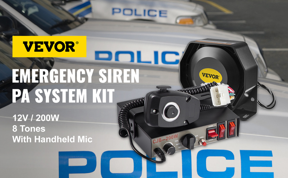 VEVOR emergency warning siren, 12v/200w, 8 tones, handheld mic, on police cars.