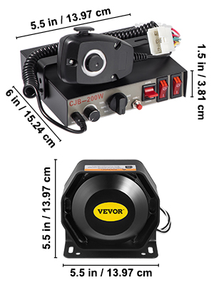 VEVOR emergency warning siren with control box and speaker, labeled dimensions.