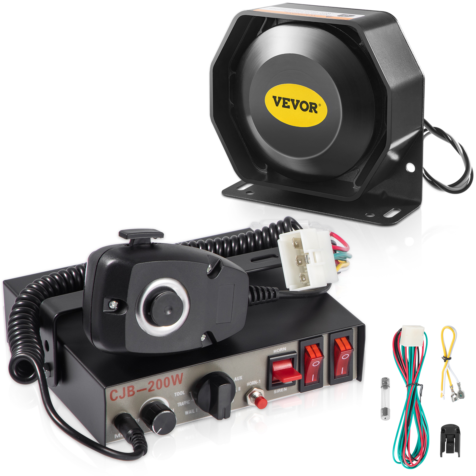 VEVOR emergency warning siren with control box, microphone, cables, and mounting accessories.
